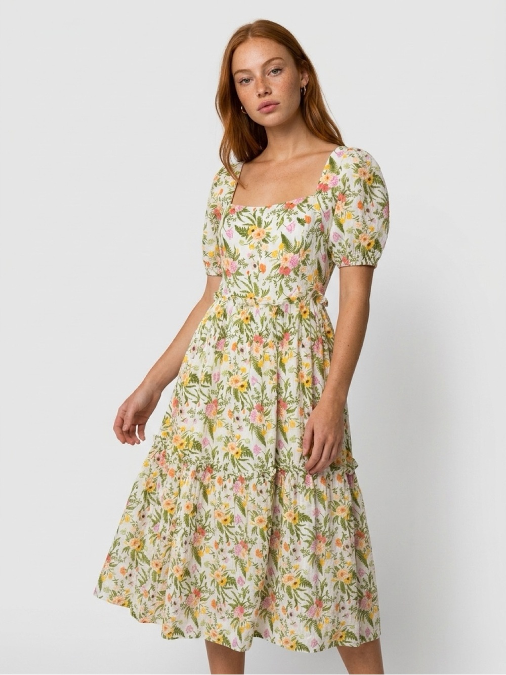 NWT Aura Vintage-Inspired Cottagecore Floral Puff Sleeves Tiered Midi Dress